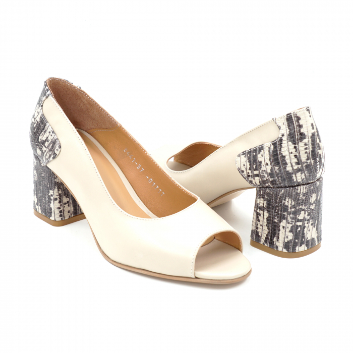 Pantofi decupati  dama din piele naturala nude bej si cu imprimeu cu varf rotund si toc mic gros imbracat de 6 cm 01717-25 [4]