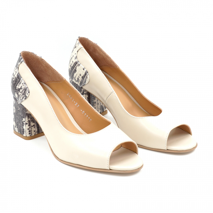 Pantofi decupati  dama din piele naturala nude bej si cu imprimeu cu varf rotund si toc mic gros imbracat de 6 cm 01717-25 [3]