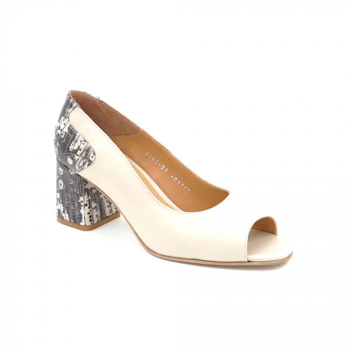 Pantofi decupati  dama din piele naturala nude bej si cu imprimeu cu varf rotund si toc mic gros imbracat de 6 cm 01717-25 [2]