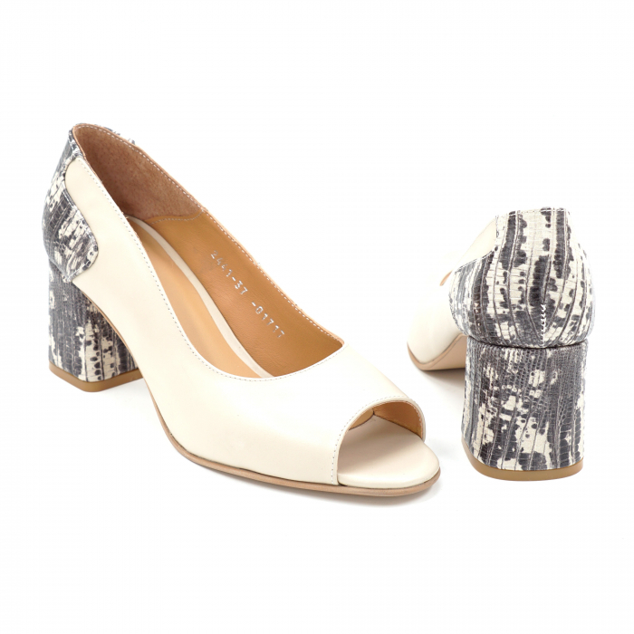 Pantofi decupati  dama din piele naturala nude bej si cu imprimeu cu varf rotund si toc mic gros imbracat de 6 cm 01717-25 [5]