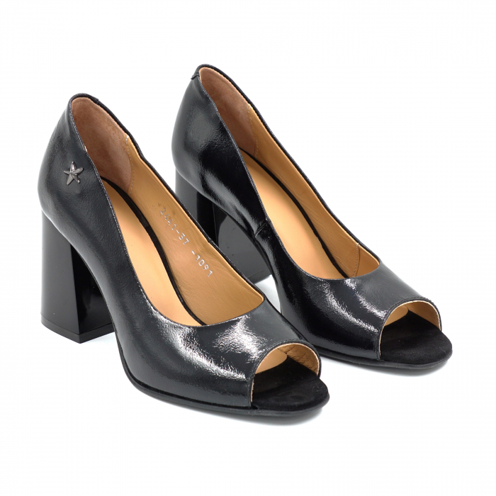 Pantofi decupati dama din piele naturala lacuita neagra cu varf semirotund si toc mediu gros de 8 cm 1091-25 [4]