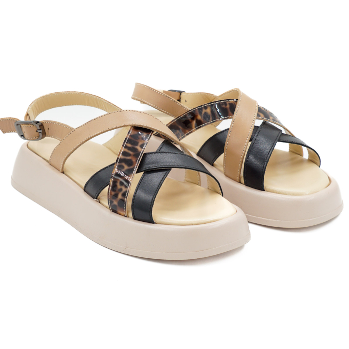 Sandale dama din piele naturala neagra, bej si lacuita cu imprimeu leopard, cu varf rotund si talpa 4 cm 1726-1-26 [3]