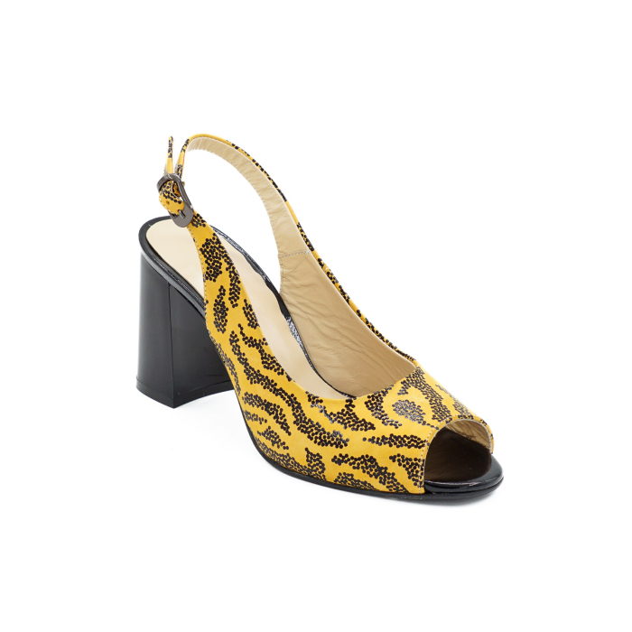 Sandale dama din piele naturala galben mustar cu imprimeu negru, cu varf rotund si toc mediu gros de 8 cm 1026-26 [2]