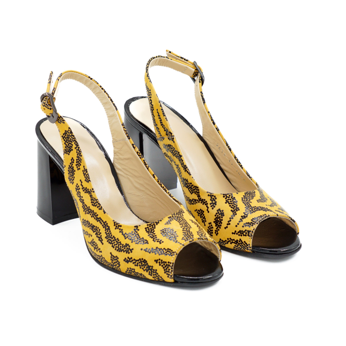 Sandale dama din piele naturala galben mustar cu imprimeu negru, cu varf rotund si toc mediu gros de 8 cm 1026-26 [3]