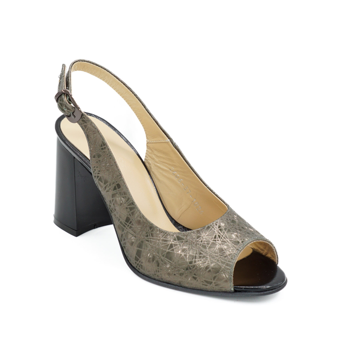 Sandale dama din piele naturala cu imprimeu 3D olive, cu varf rotund si toc mediu gros de 8 cm 1026-3-26 [2]