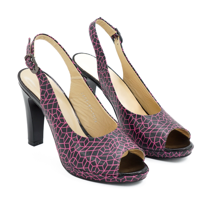 Sandale dama din piele naturala neagra cu imprimeu fucsia, cu varf rotund si toc inalt gros de 10 cm si platforma 1 cm 1026-1-26 [3]