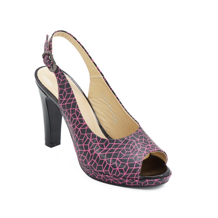 Sandale dama din piele naturala neagra cu imprimeu fucsia, cu varf rotund si toc inalt gros de 10 cm si platforma 1 cm 1026-1-26 [2]