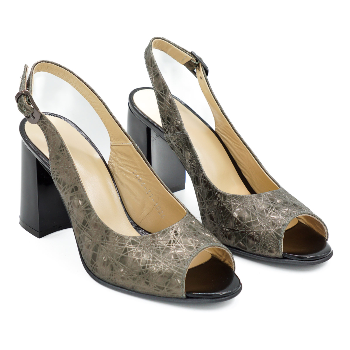 Sandale dama din piele naturala cu imprimeu 3D olive, cu varf rotund si toc mediu gros de 8 cm 1026-3-26 [3]