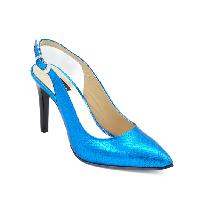 Sandale dama din piele naturala albastru metalizat cu imprimeu sarpe, cu varf ascutit stiletto si toc inalt subtire 9 cm 0124-5-26 [2]
