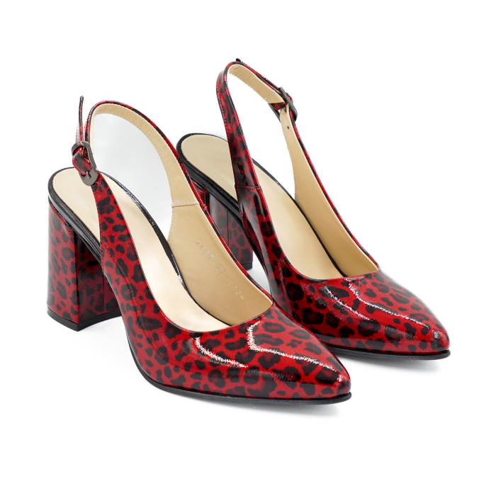Sandale dama din piele naturala lacuita rosie cu imprimeu leopard, cu varf ascutit stiletto si toc mediu gros imbracat de 8 cm 0124-26 [3]