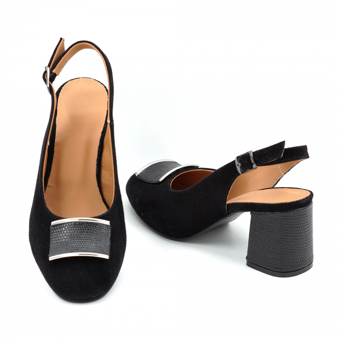 Sandale dama din piele naturala intoarsa neagra cu varf rotund si toc mic gros imbracat 6 cm 0824-1-25 [3]