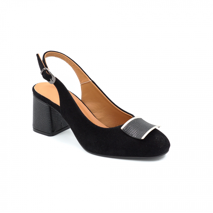 Sandale dama din piele naturala intoarsa neagra cu varf rotund si toc mic gros imbracat 6 cm 0824-1-25 [5]