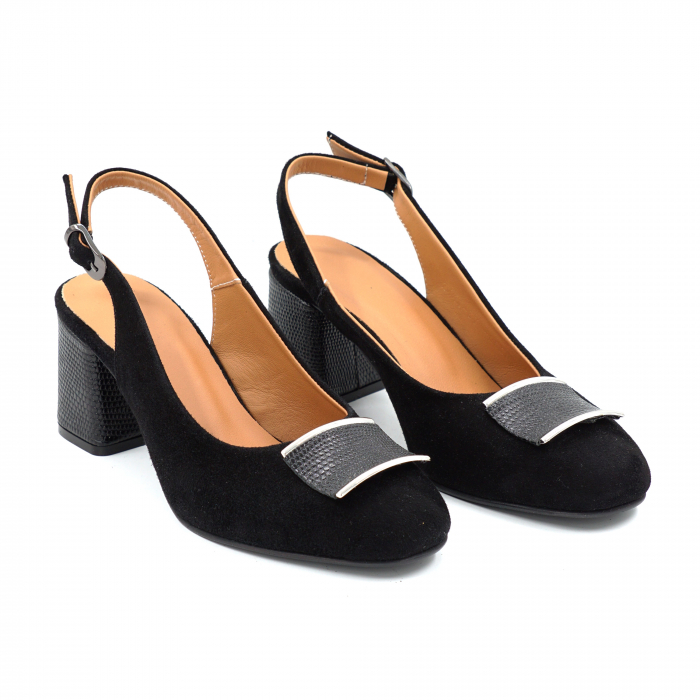 Sandale dama din piele naturala intoarsa neagra cu varf rotund si toc mic gros imbracat 6 cm 0824-1-25 [2]