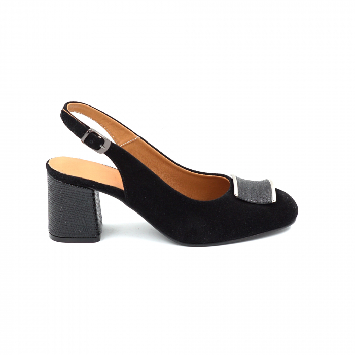 Sandale dama din piele naturala intoarsa neagra cu varf rotund si toc mic gros imbracat 6 cm 0824-1-25 [4]