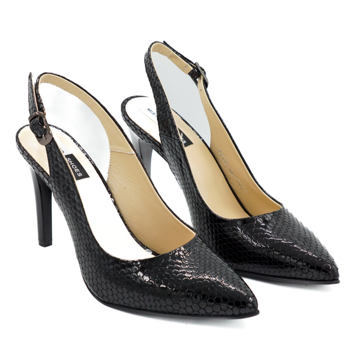 Sandale dama din piele naturala lacuita croco negru, cu varf ascutit stiletto si toc inalt subtire 9 cm 0124-8-26 [3]