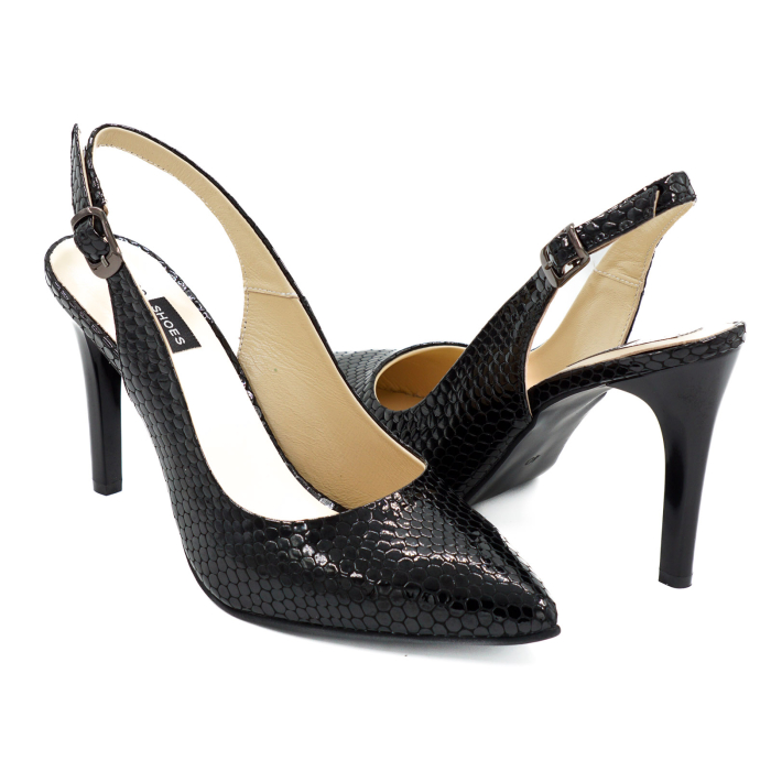 Sandale dama din piele naturala lacuita croco negru, cu varf ascutit stiletto si toc inalt subtire 9 cm 0124-8-26 [4]