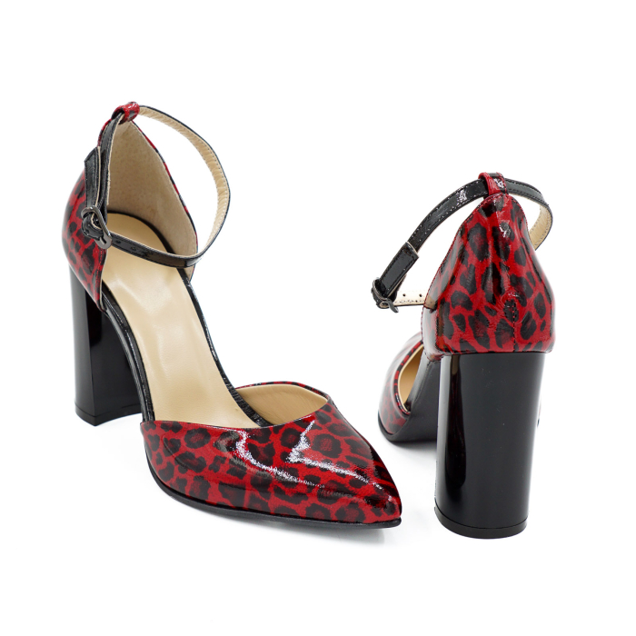 Sandale dama din piele naturala lacuita rosie cu imprimeu leopard, cu varf ascutit stiletto si toc inalt gros 9 cm 1035-2-26 [5]
