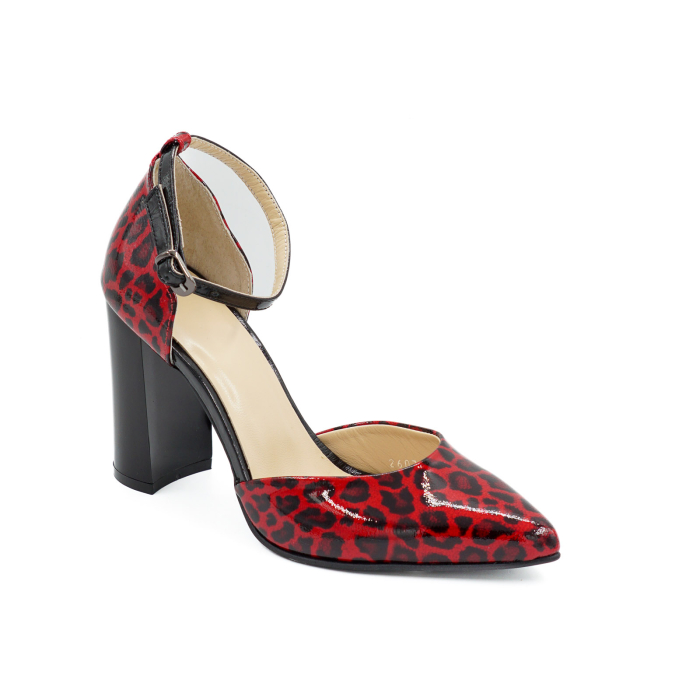 Sandale dama din piele naturala lacuita rosie cu imprimeu leopard, cu varf ascutit stiletto si toc inalt gros 9 cm 1035-2-26 [2]