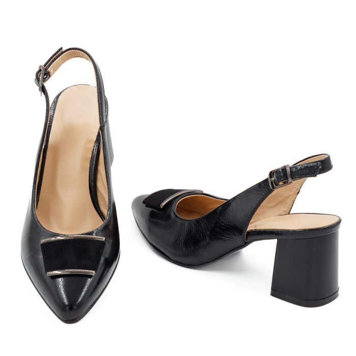Sandale dama din piele naturala lacuita neagra, cu varf ascutit stiletto si toc mic gros de 6 cm 0924-2-26 [5]
