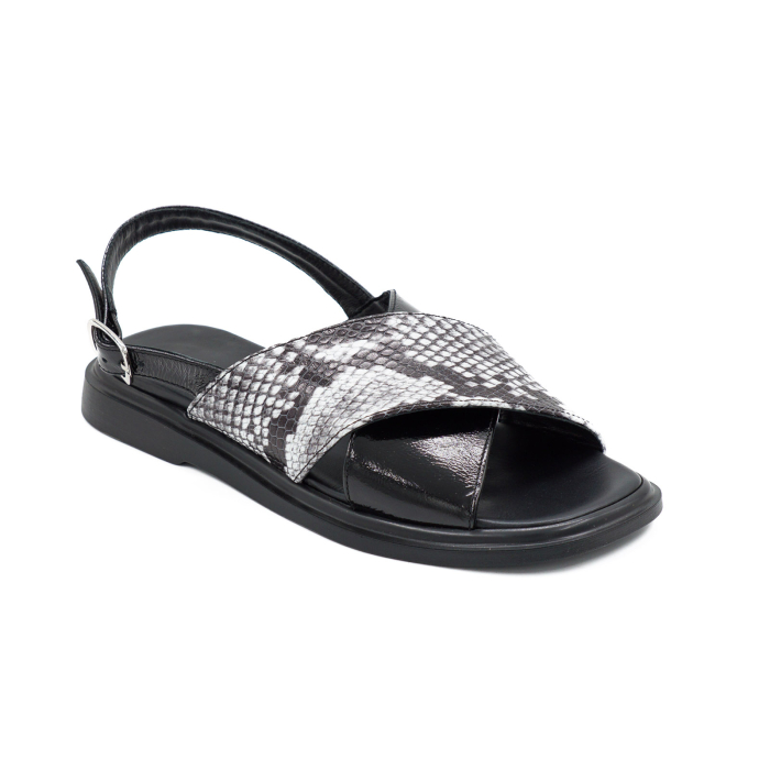 Sandale dama din piele naturala lacuita neagra si cu imprimeu sarpe, cu varf rotund si talpa joasa 3 cm 1126-4-26 [2]