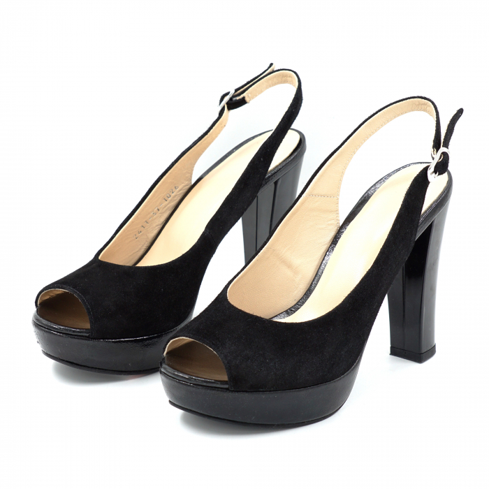 Sandale dama din piele naturala lacuita si intoarsa neagra cu varf rotund, platforma 2 cm si toc inalt gros 11 cm 1026-6-25 [3]