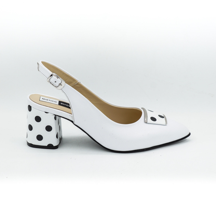 Sandale dama din piele naturala alba si cu buline negre, cu varf ascutit stiletto si toc mic gros imbracat de 6 cm 0924-1-26 [2]