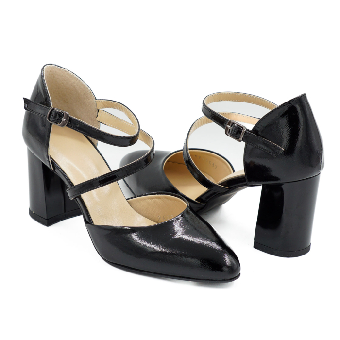 Sandale dama din piele naturala lacuita neagra, varf ascutit si toc mediu gros de 7 cm 1037-26 [4]