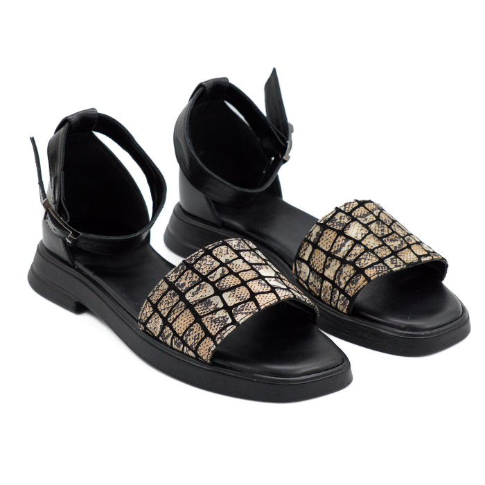 Sandale dama din piele naturala neagra si cu animal print, cu varf rotund si talpa 2 cm 4721-26 [3]