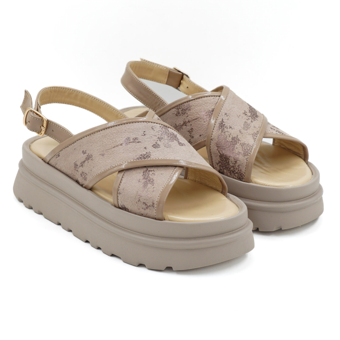 Sandale dama din piele naturala grej cu imprimeu, cu varf rotund si talpa 5 cm 0926-1-26 [3]