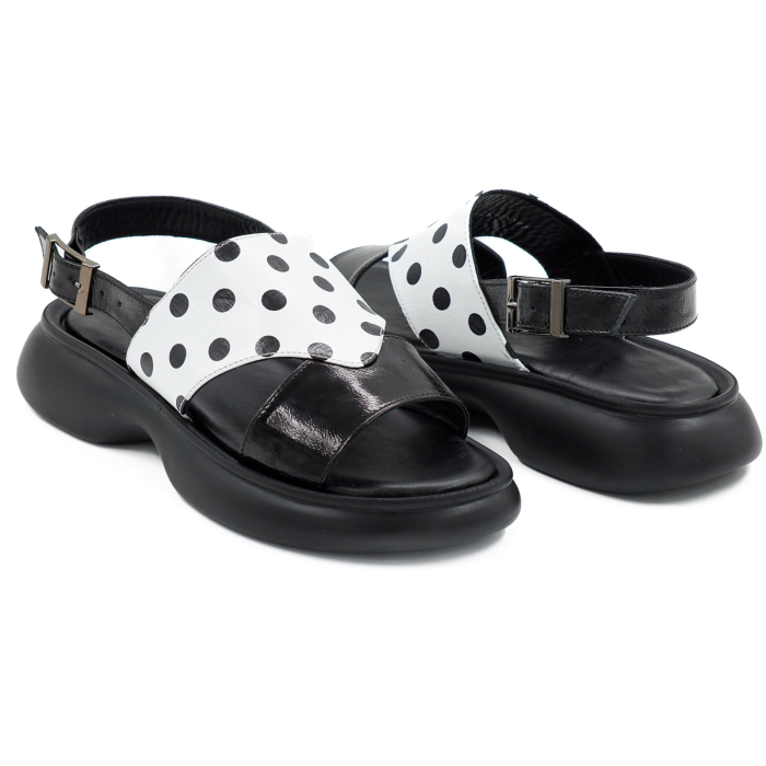 Sandale dama din piele naturala lacuita neagra si alba cu buline negre, cu varf rotund si talpa 3 cm 1420-26 [4]