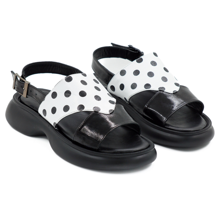 Sandale dama din piele naturala lacuita neagra si alba cu buline negre, cu varf rotund si talpa 3 cm 1420-26 [3]