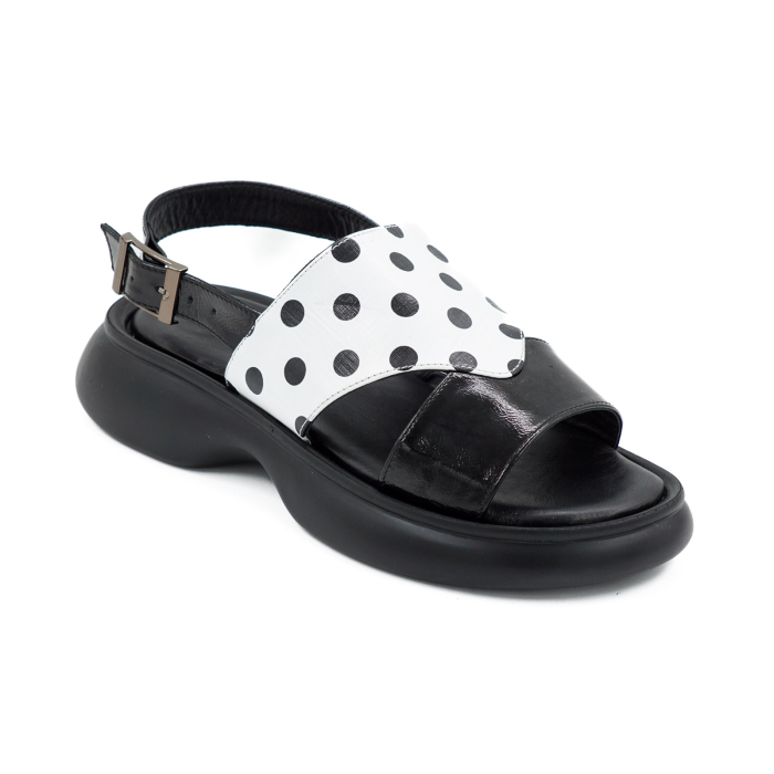 Sandale dama din piele naturala lacuita neagra si alba cu buline negre, cu varf rotund si talpa 3 cm 1420-26 [2]