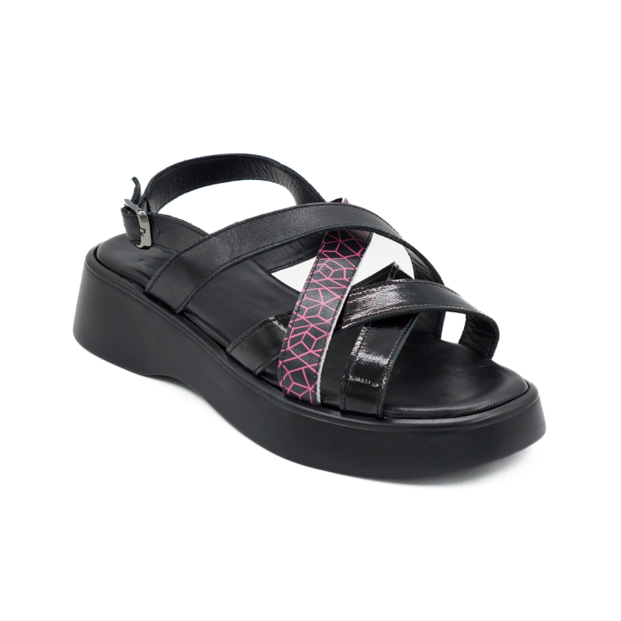 Sandale dama din piele naturala neagra, lacuita neagra si neagra cu imprimeu fucsia, cu varf rotund si talpa 4 cm 1726-2-26 [2]