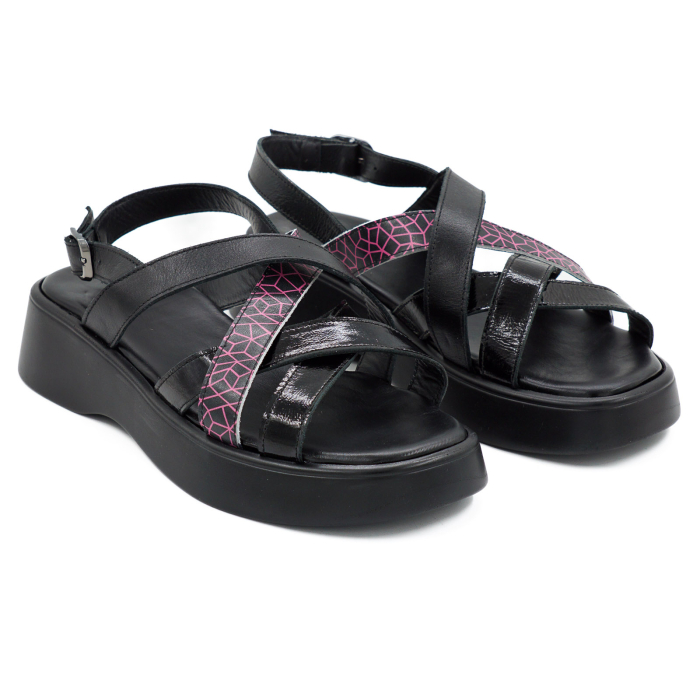 Sandale dama din piele naturala neagra, lacuita neagra si neagra cu imprimeu fucsia, cu varf rotund si talpa 4 cm 1726-2-26 [3]