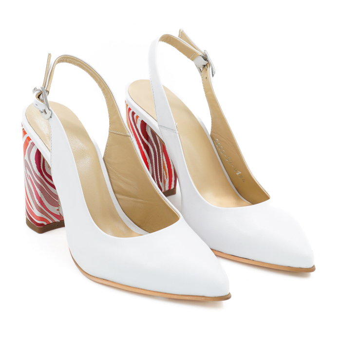 Sandale dama din piele naturala alba, cu varf ascutit stiletto si toc inalt gros imbracat 9 cm 0124-10-26 [3]