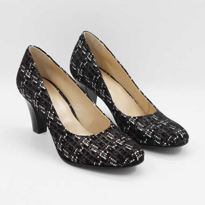 Pantofi dama din piele naturala neagra cu imprimeu, cu varf rotund si toc mediu gros de 7 cm 0221-26 [3]