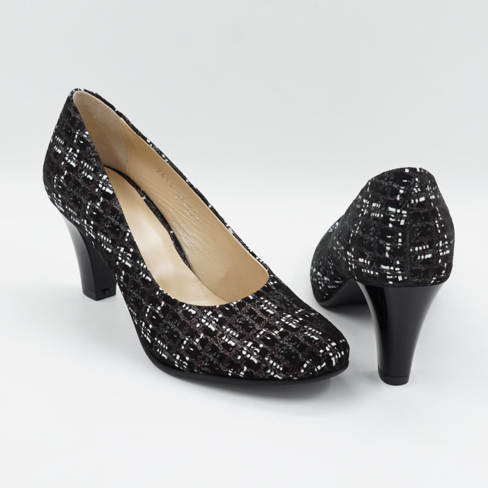 Pantofi dama din piele naturala neagra cu imprimeu, cu varf rotund si toc mediu gros de 7 cm 0221-26 [4]