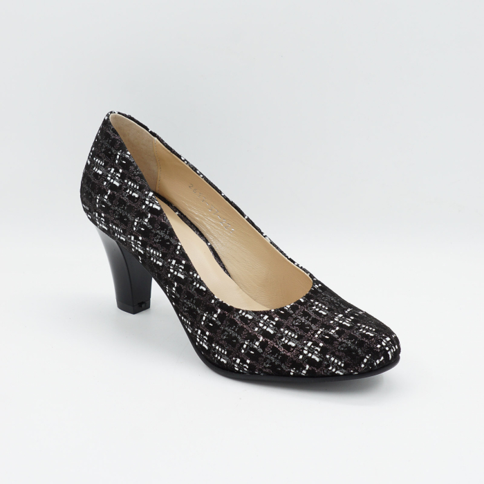 Pantofi dama din piele naturala neagra cu imprimeu, cu varf rotund si toc mediu gros de 7 cm 0221-26 [5]