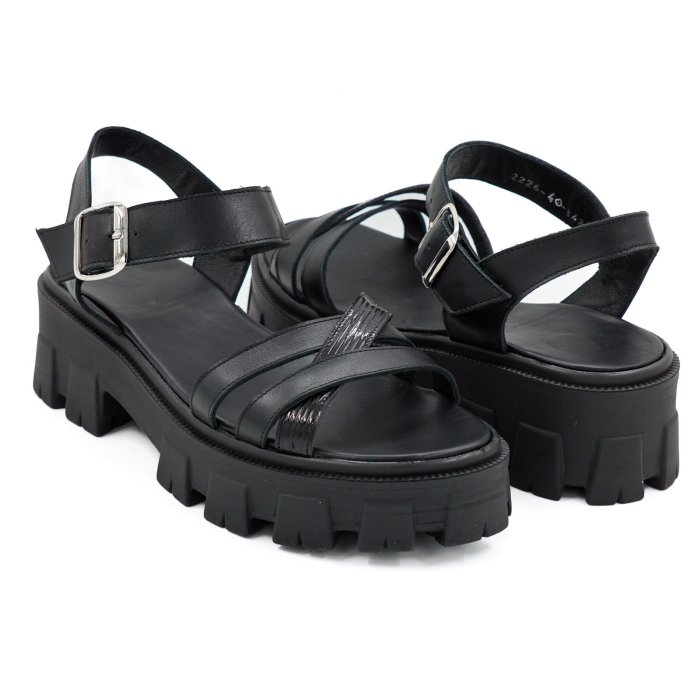 Sandale dama din piele naturala neagra, cu varf rotund si talpa de 4 cm 3421-8-26 [4]