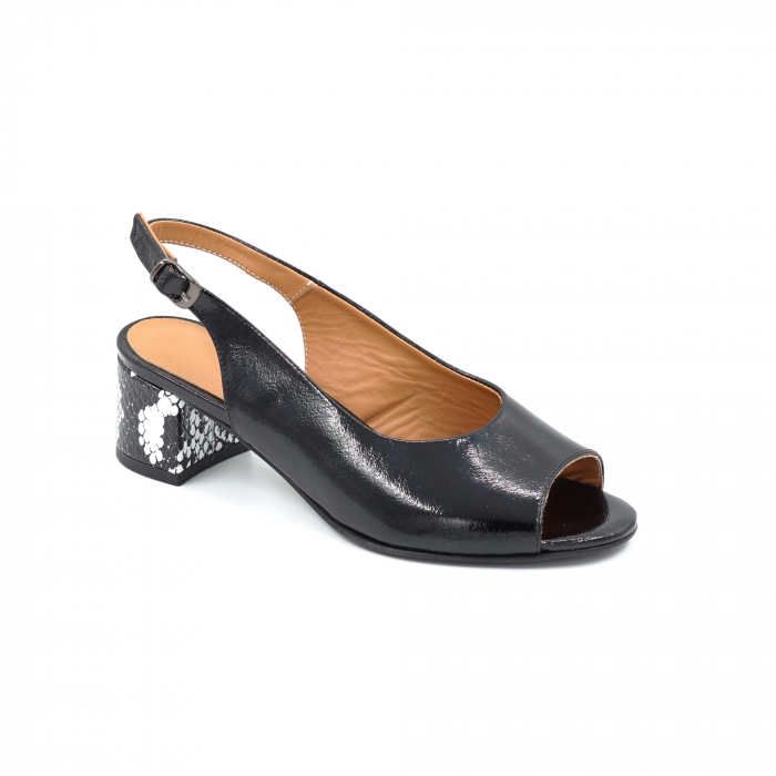 Sandale dama din piele naturala lacuita neagra si cu imprimeu sarpe alb negru cu varf rotund si toc mic gros imbracat 4 cm 1026-2-25 [2]
