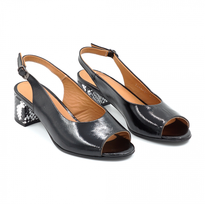 Sandale dama din piele naturala lacuita neagra si cu imprimeu sarpe alb negru cu varf rotund si toc mic gros imbracat 4 cm 1026-2-25 [3]