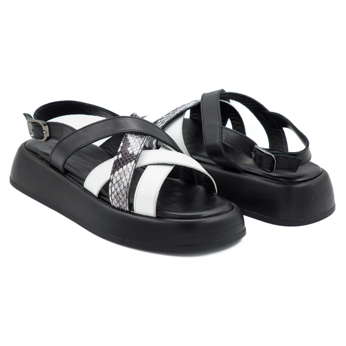 Sandale dama din piele naturala neagra, alba si cu imprimeu sarpe, cu varf rotund si talpa 4 cm 1726-26 [4]