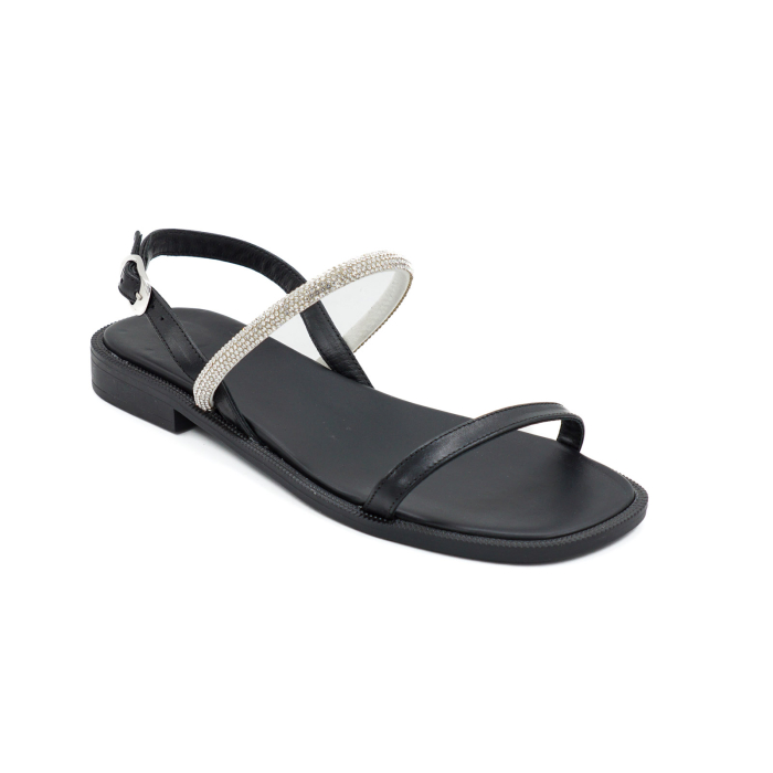 Sandale dama din piele naturala neagra si cu cristale argintii, cu varf rotund si talpa 1 cm 0126-1-26 [2]
