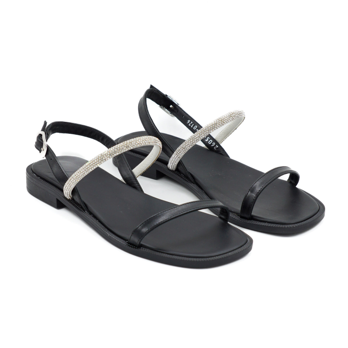 Sandale dama din piele naturala neagra si cu cristale argintii, cu varf rotund si talpa 1 cm 0126-1-26 [3]