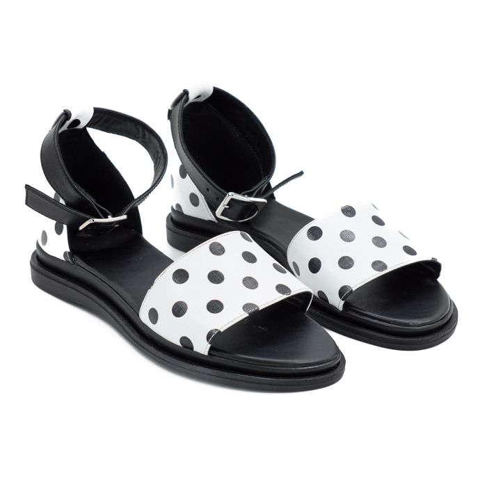 Sandale dama din piele naturala alba cu buline negre, cu varf rotund si talpa 2 cm 4721-1-26 [3]