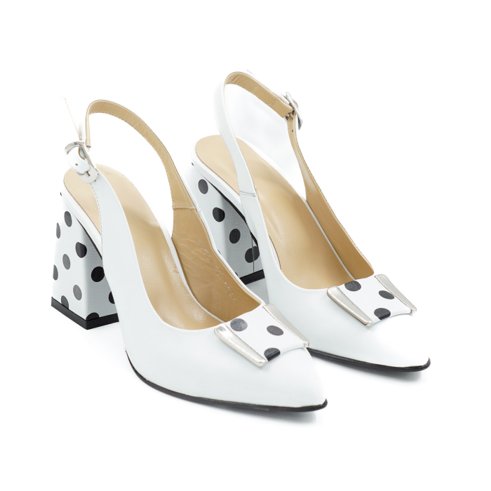 Sandale dama din piele naturala alba si cu buline negre, cu varf ascutit stiletto si toc mediu gros imbracat 8 cm 1044-1-26 [3]