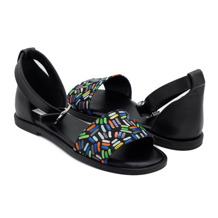 Sandale dama din piele naturala neagra si cu imprimeu multicolor, cu varf rotund si talpa joasa 2 cm 4721-2-26 [4]