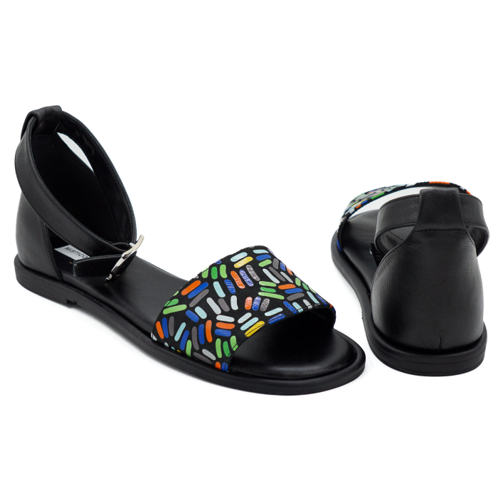 Sandale dama din piele naturala neagra si cu imprimeu multicolor, cu varf rotund si talpa joasa 2 cm 4721-2-26 [5]