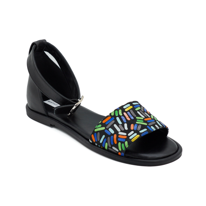 Sandale dama din piele naturala neagra si cu imprimeu multicolor, cu varf rotund si talpa joasa 2 cm 4721-2-26 [2]
