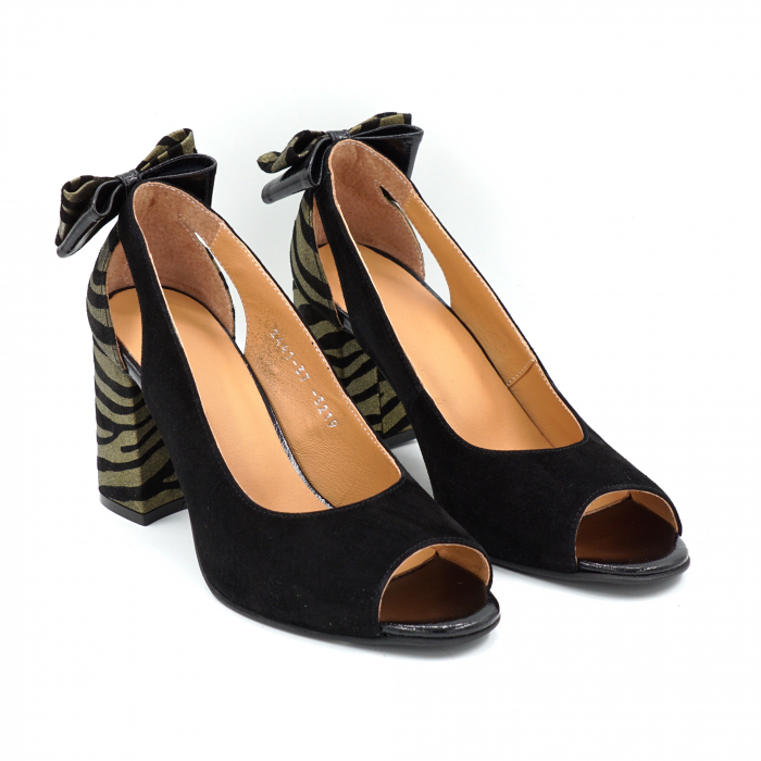Pantofi dama decupati din piele naturala intoarsa neagra si cu imprimeu zebra auriu cu varf rotund si toc mediu gros imbracat de 8 cm 3219-25 [3]